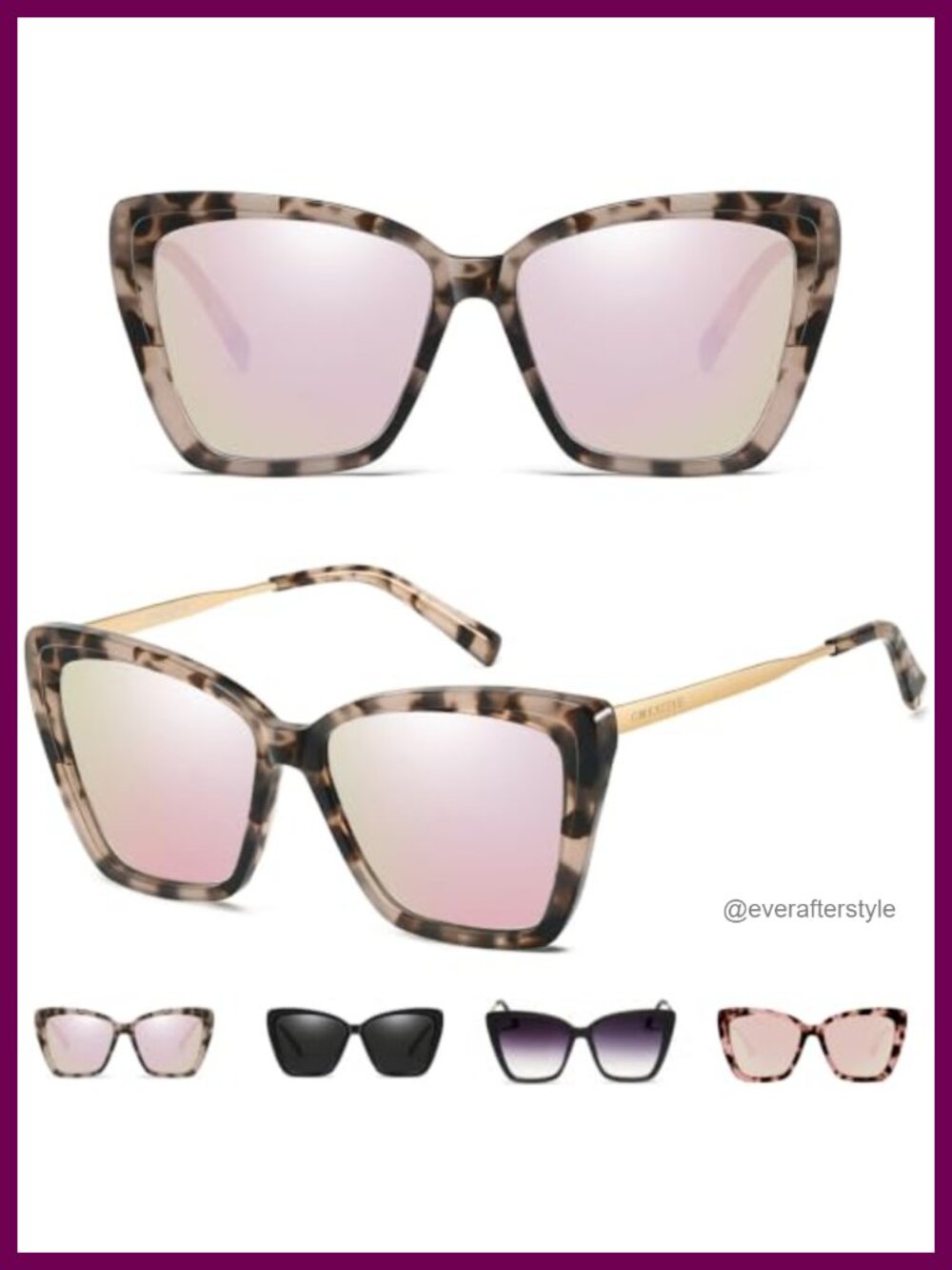 Oversized Cat Eye Sunglasses Handmade Acetate Frame Gold Stainless Steel Temples
